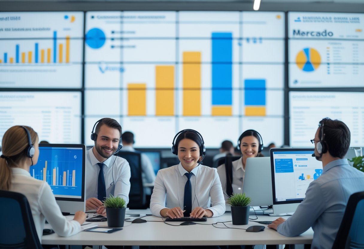 Equipe diversa de atendimento ao cliente trabalhando em um escritório moderno com computadores e headsets, focada em vendas online.