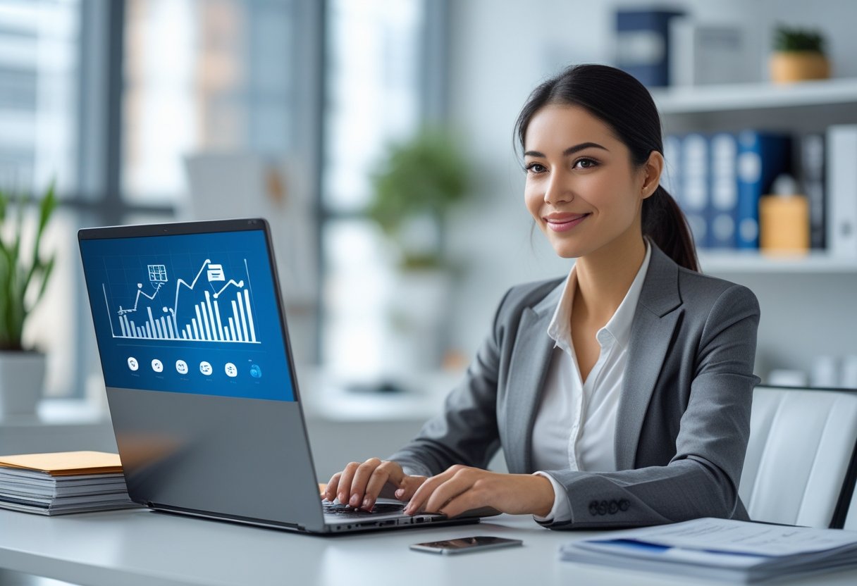 Mulher jovem sentada em uma mesa de escritório moderna usando um laptop, com itens relacionados a pagamentos online e segurança financeira ao redor.