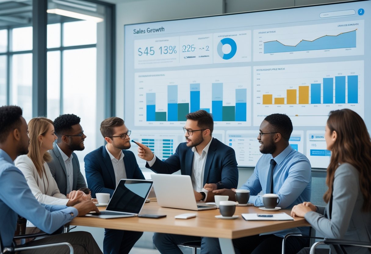 Grupo de profissionais em reunião de negócios analisando gráficos e métricas de desempenho em uma sala de escritório moderna.