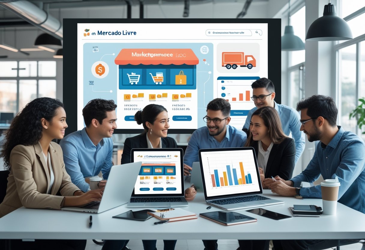 Grupo de profissionais trabalhando juntos em um escritório moderno com laptops e dispositivos digitais, analisando dados e estratégias para vendas online.