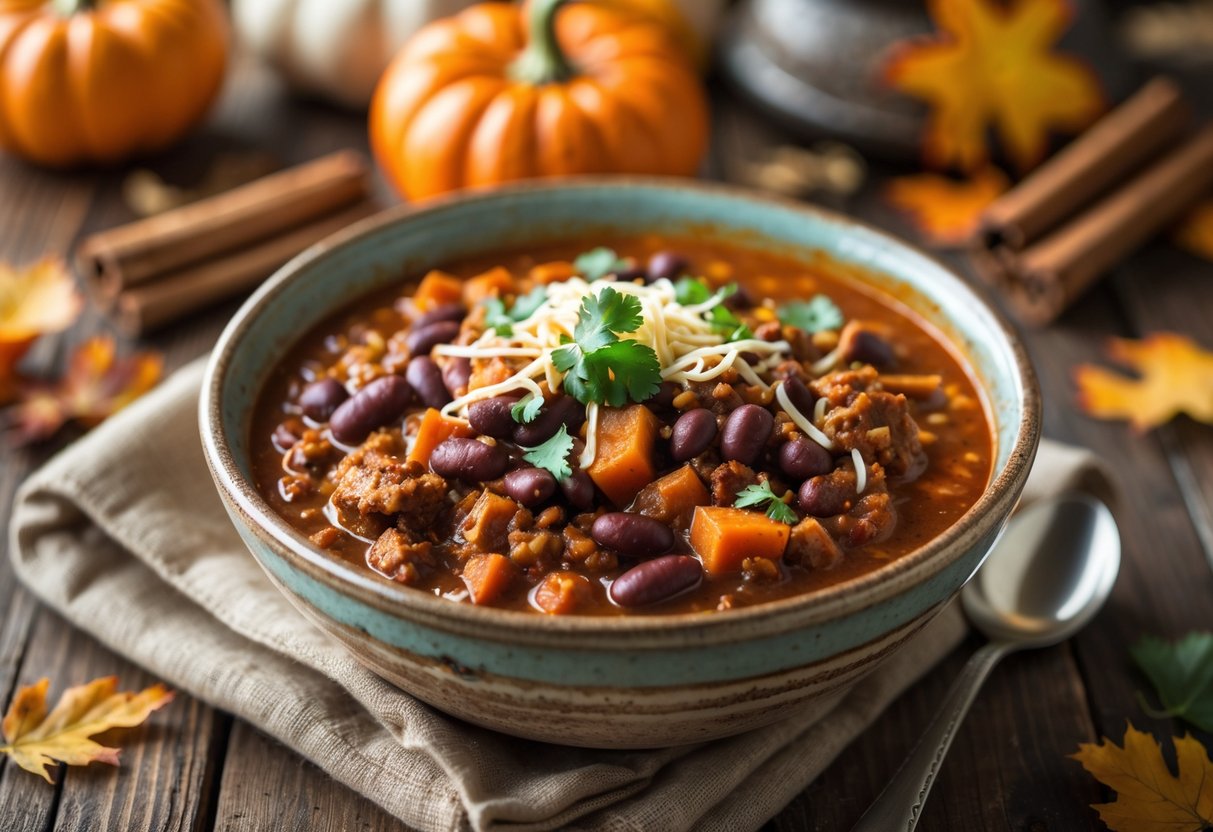 A bowl of pumpkin chili with beef and beans on a wooden table surrounded by small pumpkins and autumn decorations.