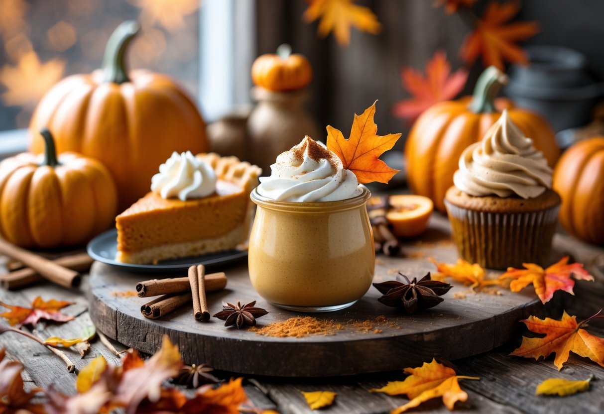 A trio of pumpkin desserts including pumpkin pie, pumpkin mousse in a jar, and a pumpkin spice cupcake arranged on a wooden table with autumn leaves and spices around them.