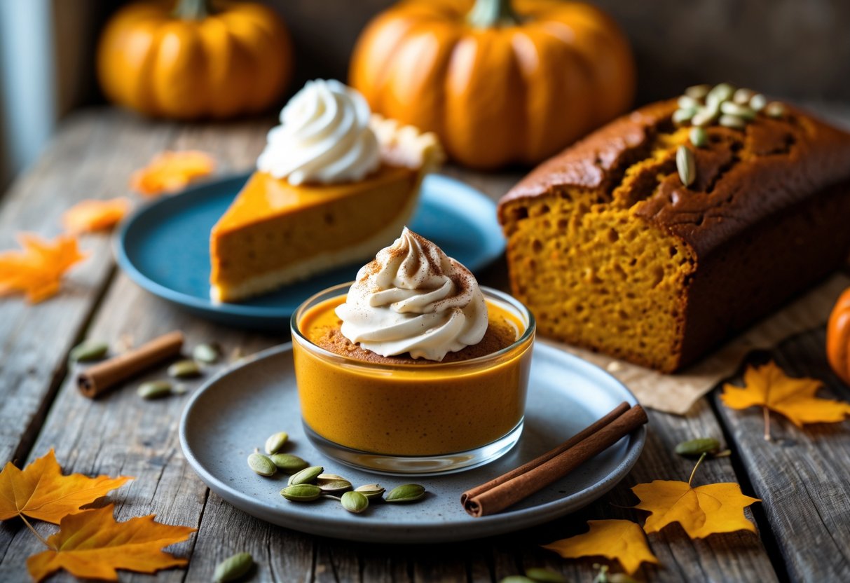 Three pumpkin desserts on a wooden table including pumpkin pie, pumpkin mousse, and pumpkin bread surrounded by autumn leaves and cinnamon sticks.