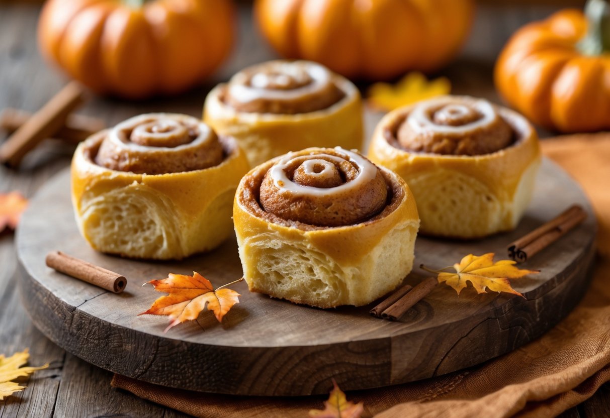 Three pumpkin cinnamon roll bites on a wooden board surrounded by cinnamon sticks, pumpkin pieces, and autumn leaves.