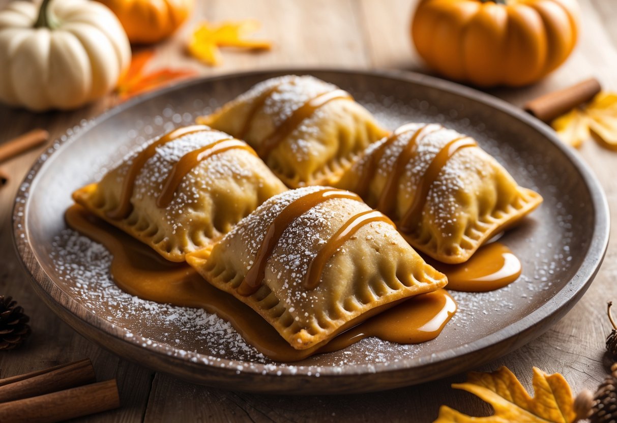 A plate with three sweet pumpkin pierogi drizzled with cinnamon cream, surrounded by small pumpkins and cinnamon sticks on a wooden table.
