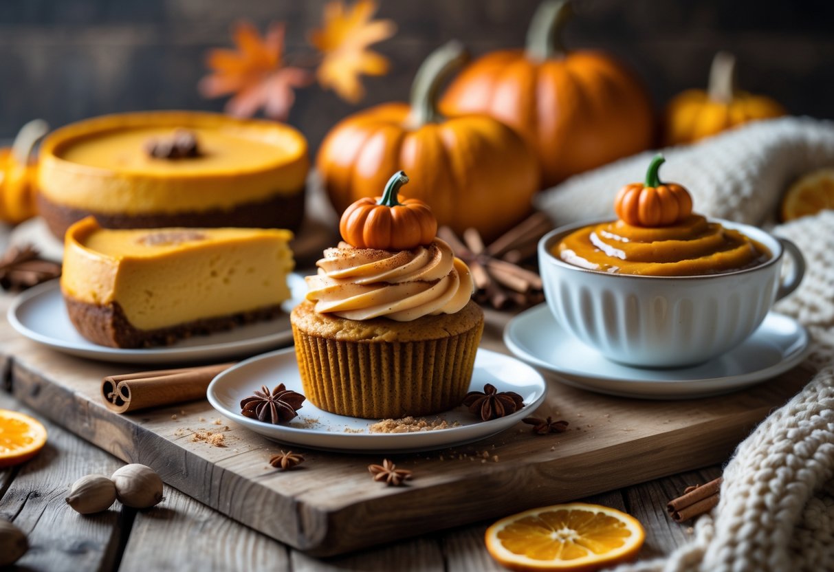 Three different pumpkin desserts arranged on a wooden table with autumn spices and fall decorations around them.