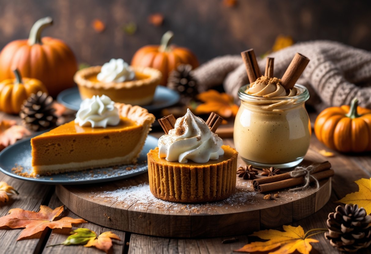 Three pumpkin dessert treats arranged on a wooden table with autumn leaves and cozy fall decorations.