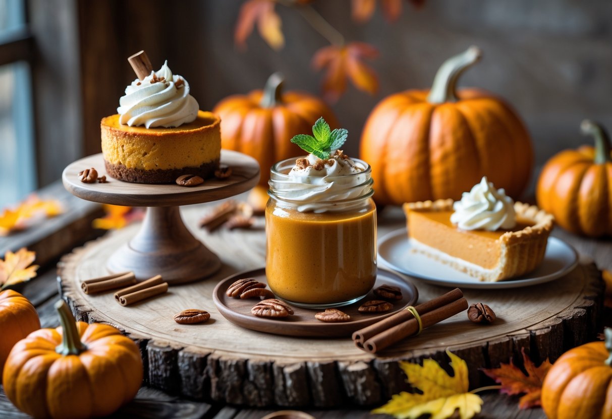 A trio of pumpkin desserts including cheesecake, mousse, and pie displayed on a wooden table with autumn decorations.