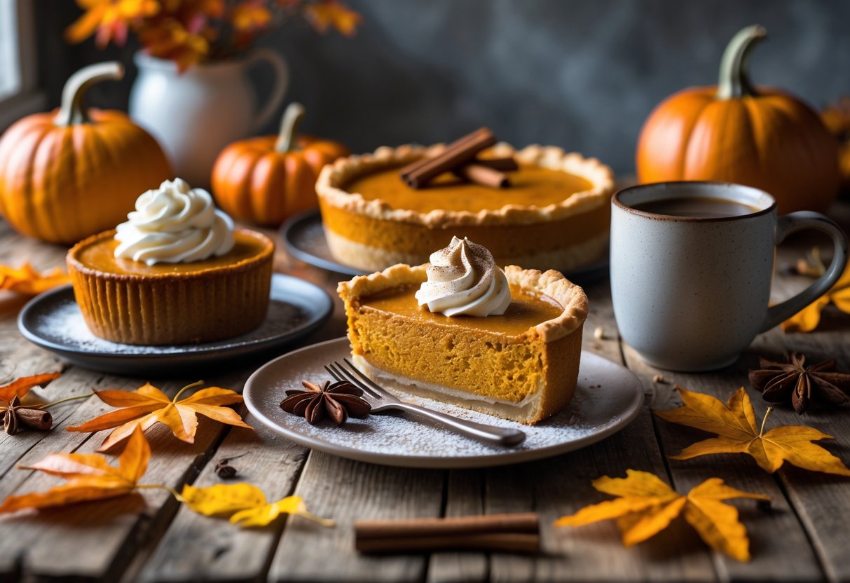 A table with three pumpkin desserts including pie, cheesecake, and muffin surrounded by autumn leaves, pumpkins, and a cup of warm drink.