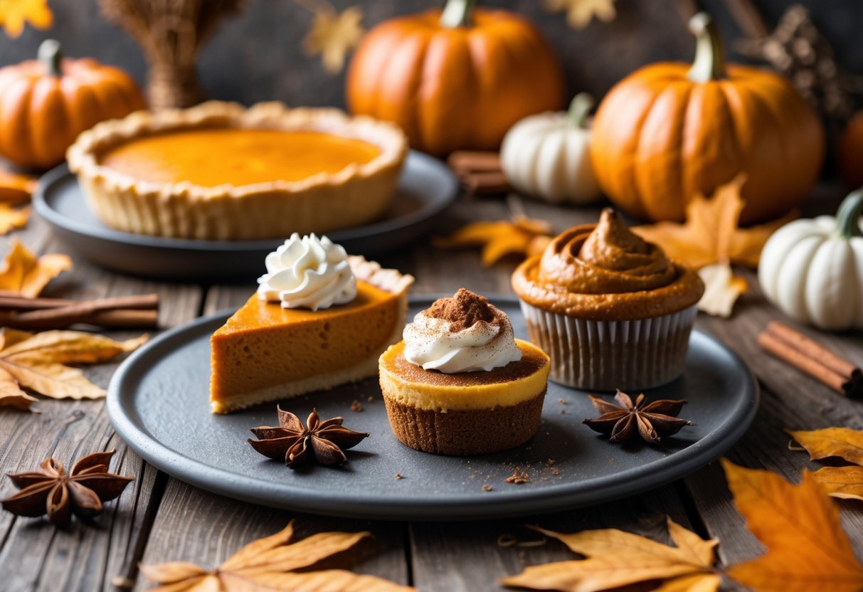 Three pumpkin desserts arranged on a wooden table with autumn leaves and spices around them, creating a cozy fall atmosphere.