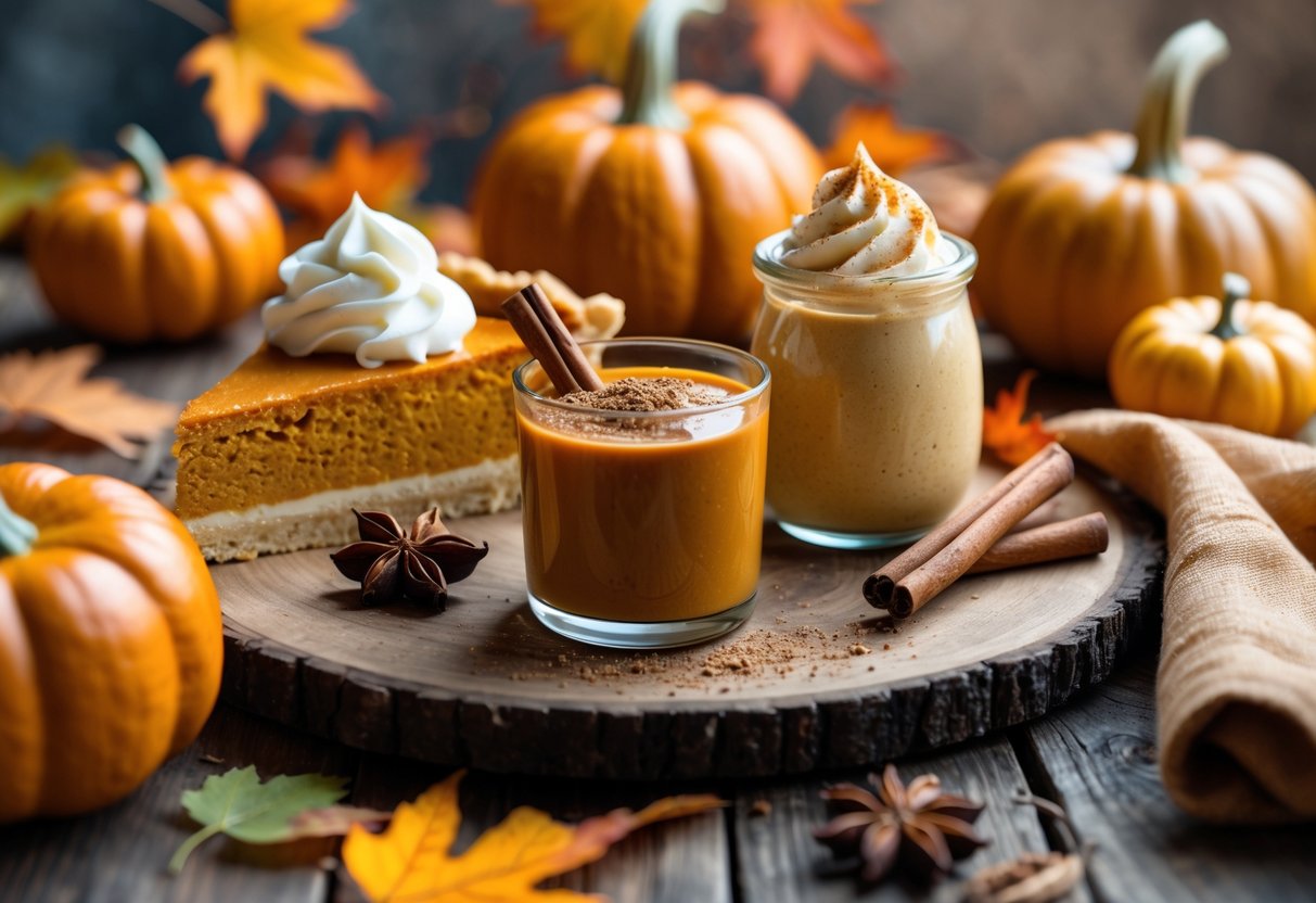 Three pumpkin desserts on a wooden table surrounded by autumn leaves and spices.