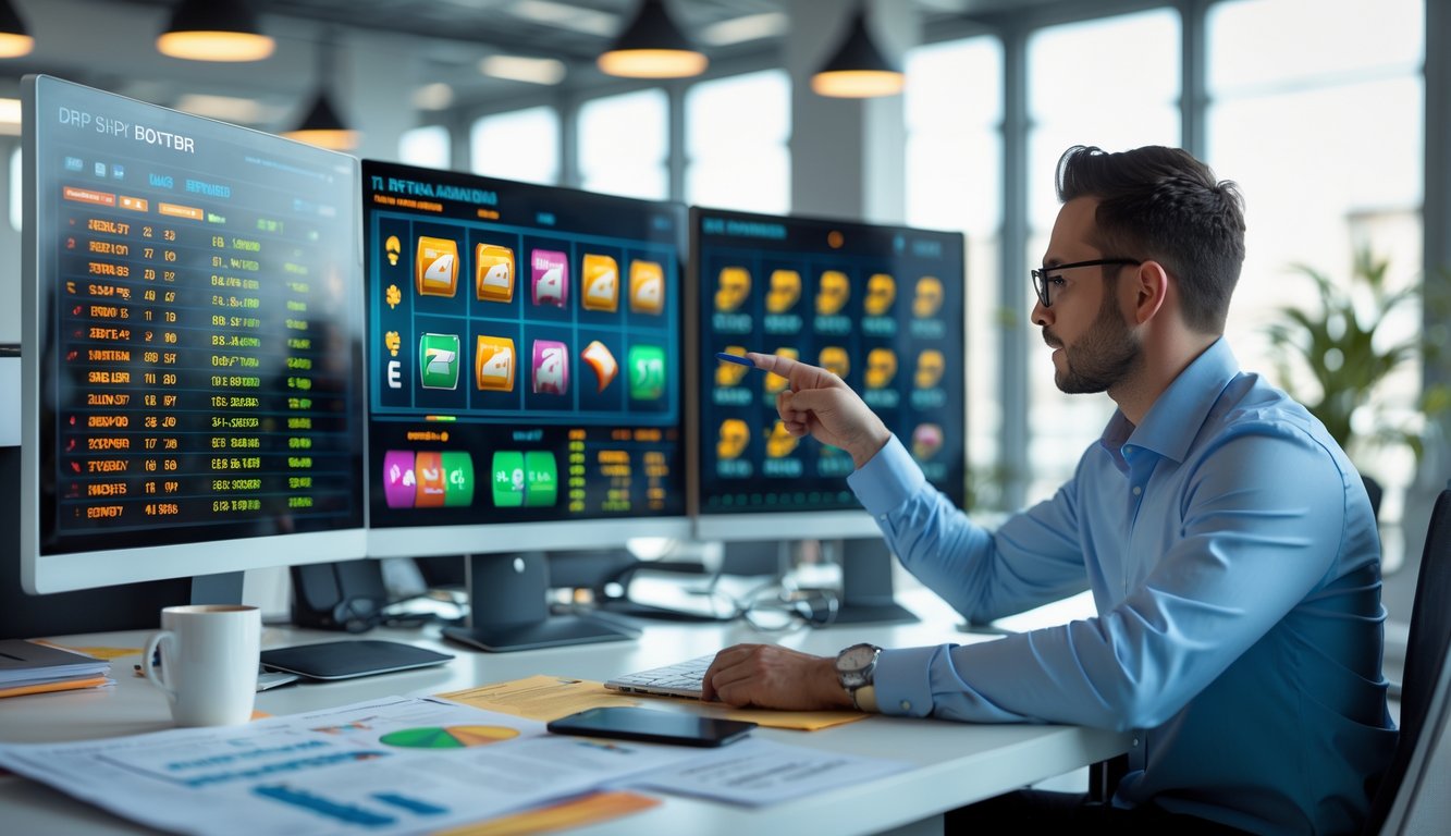 Seorang analis bisnis sedang bekerja di depan beberapa monitor komputer yang menampilkan grafik dan simbol mesin slot di sebuah kantor modern.