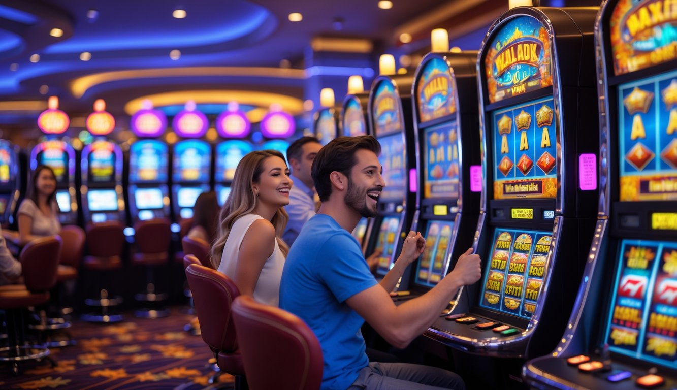 Suasana kasino modern dengan mesin slot berwarna-warni dan beberapa pemain yang tampak antusias bermain mesin slot.