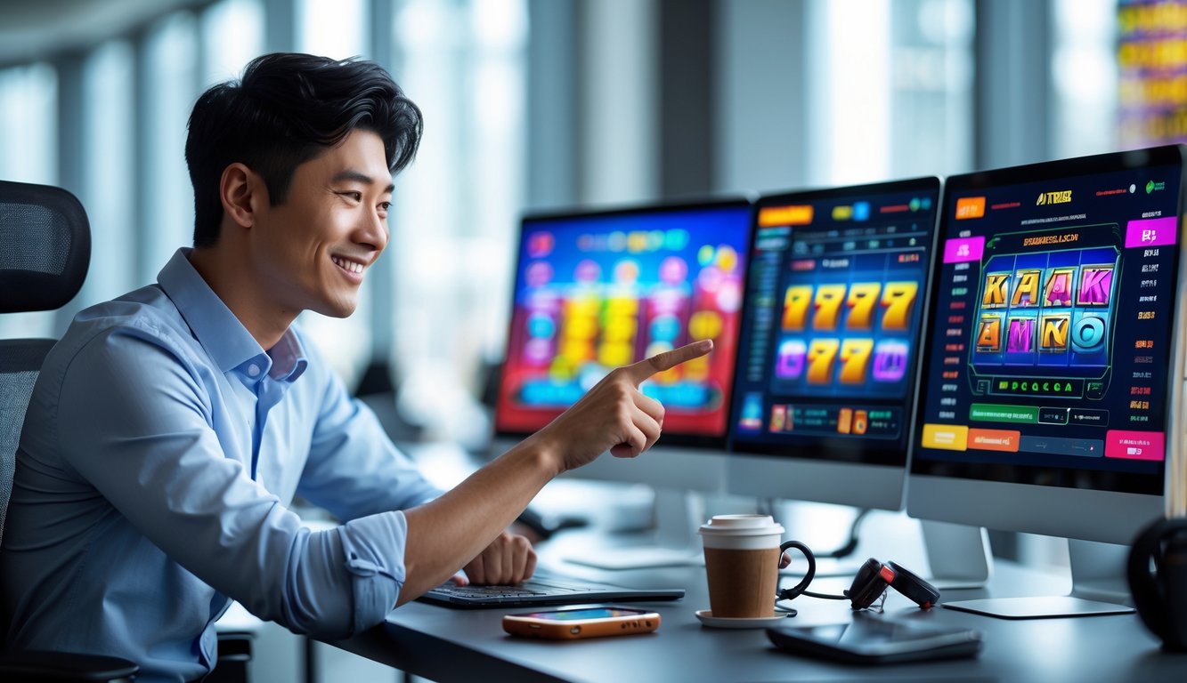 Seorang pria muda duduk di meja kantor dengan beberapa layar komputer menampilkan permainan slot dan grafik, tampak fokus dan percaya diri.