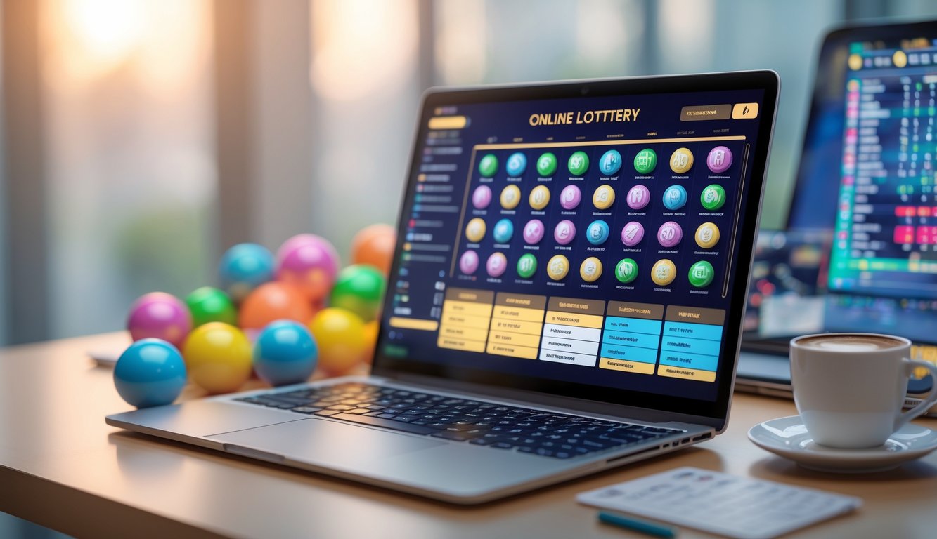 Seseorang menggunakan komputer dengan tampilan permainan togel online dan bola togel berwarna-warni di meja.