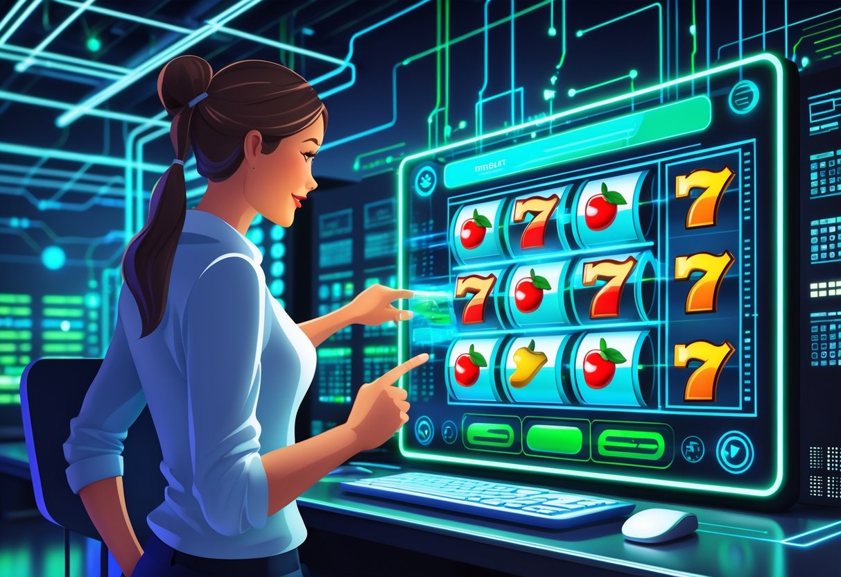 Seseorang menggunakan mesin slot holografik di depan ruang server modern dengan lampu LED biru dan hijau yang menunjukkan koneksi stabil.