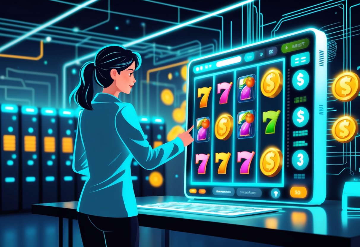 Ilustrasi seseorang menggunakan mesin slot digital di depan server yang stabil dan menyala dengan latar belakang pola jaringan digital.