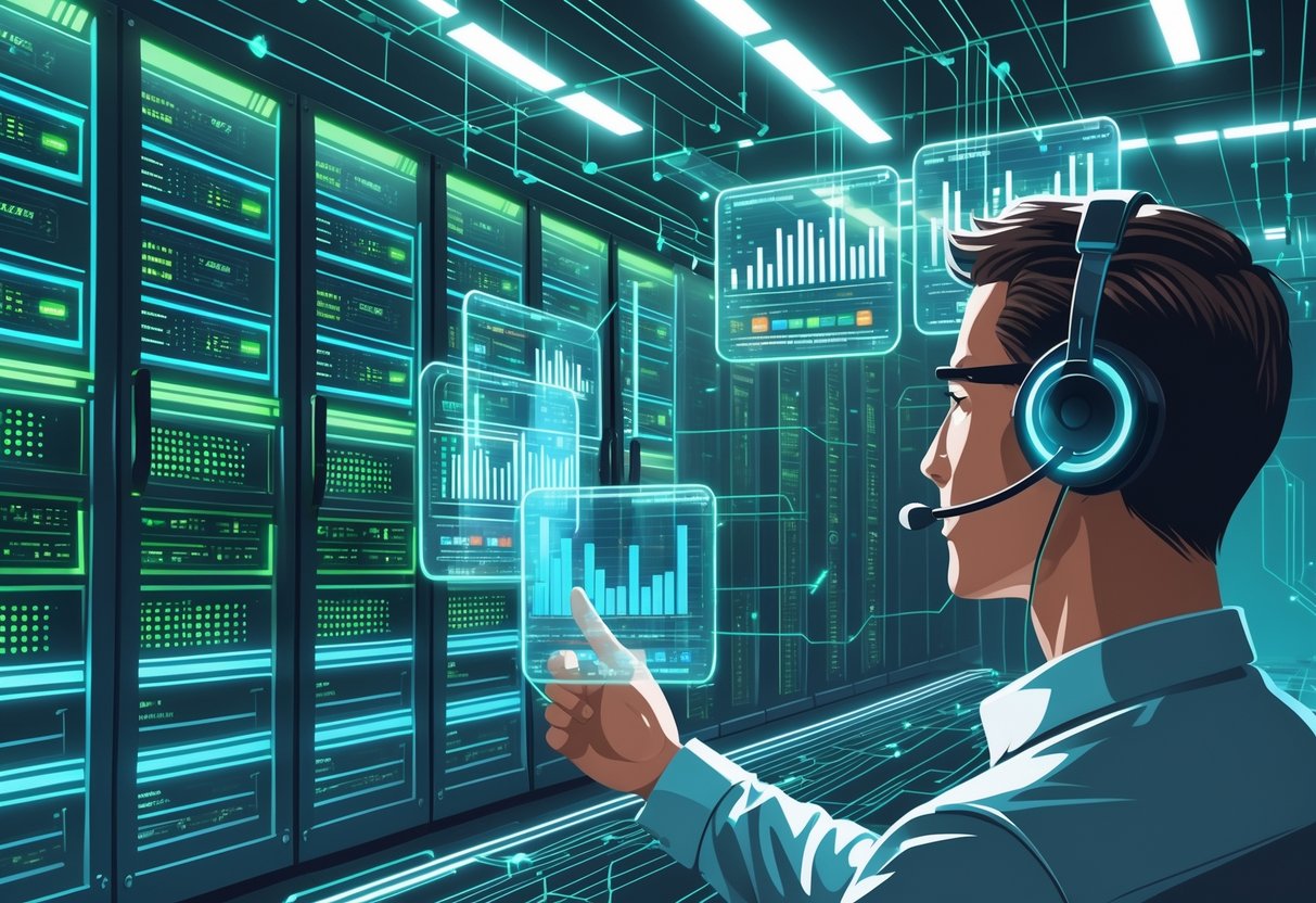 Seorang teknisi IT memantau server stabil di pusat data dengan layar holografik dan rak server yang menyala.