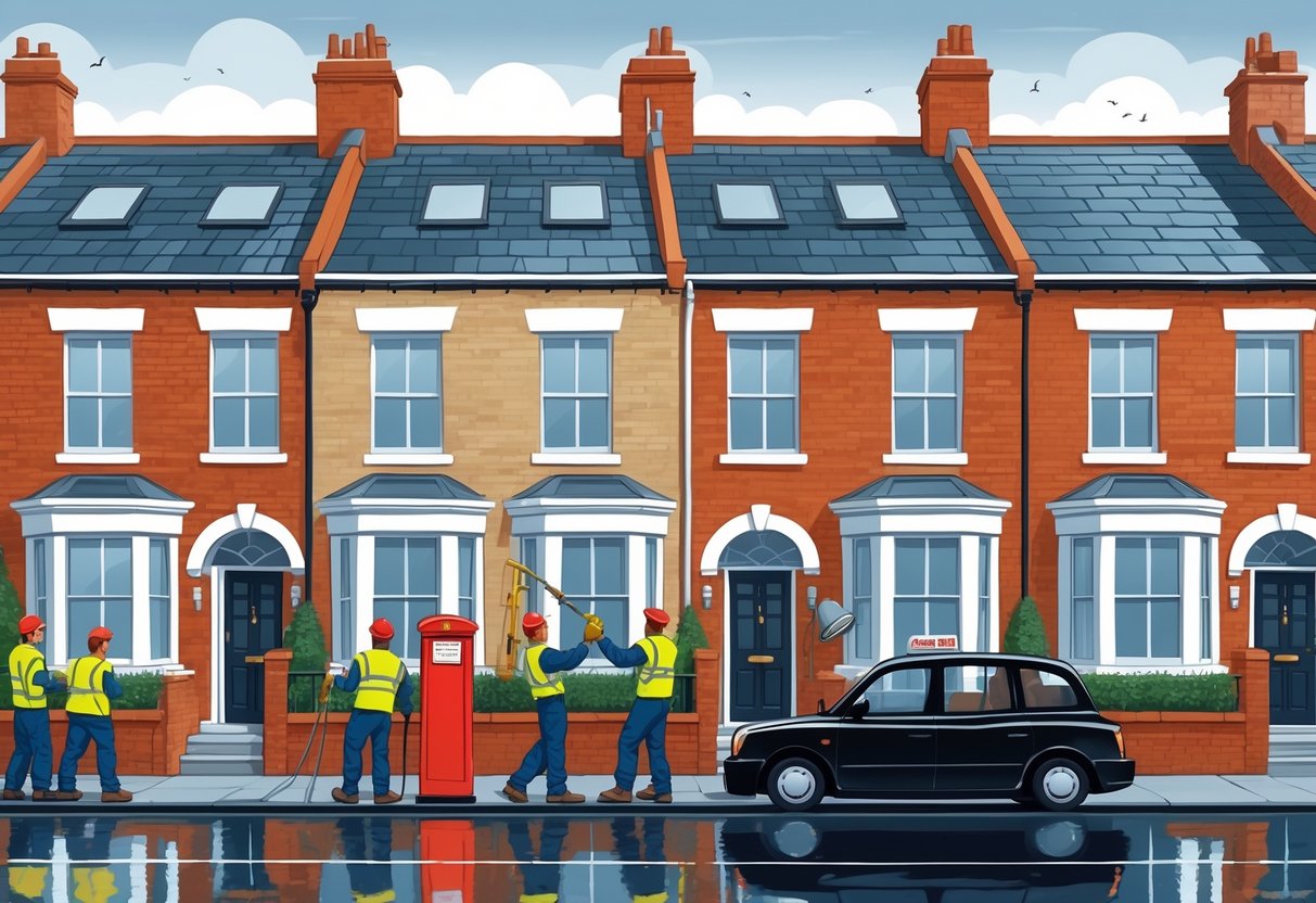 A team of maintenance workers inspecting and repairing terraced houses on a London street with a red telephone box and black taxi nearby.