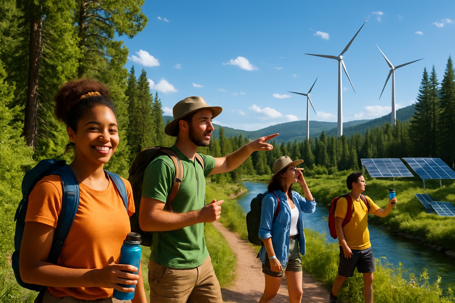 A group of travelers hiking through a green forest near a clear river with renewable energy installations visible in the background.