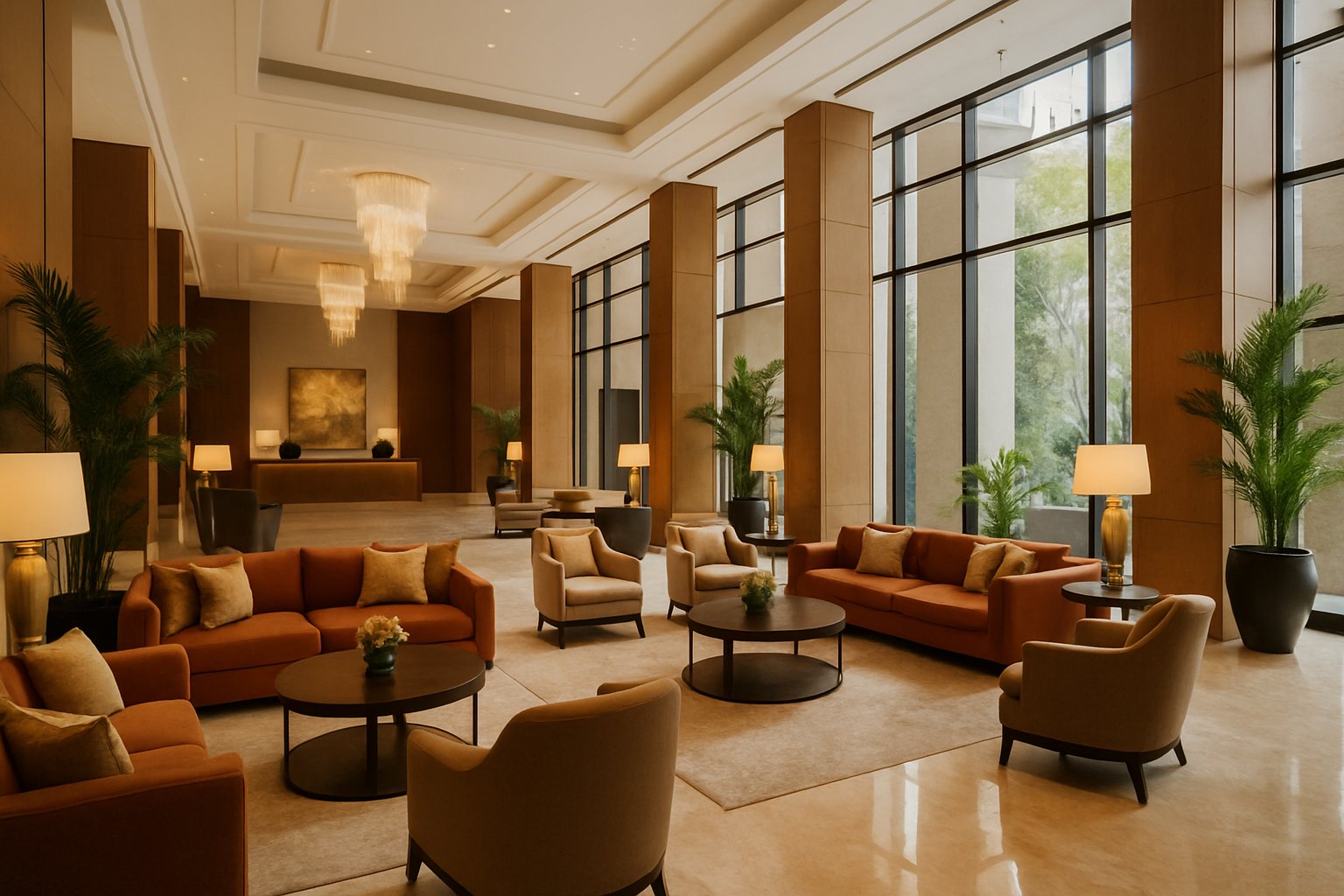 Spacious and elegant hotel lobby with plush seating, large windows, and a reception desk.