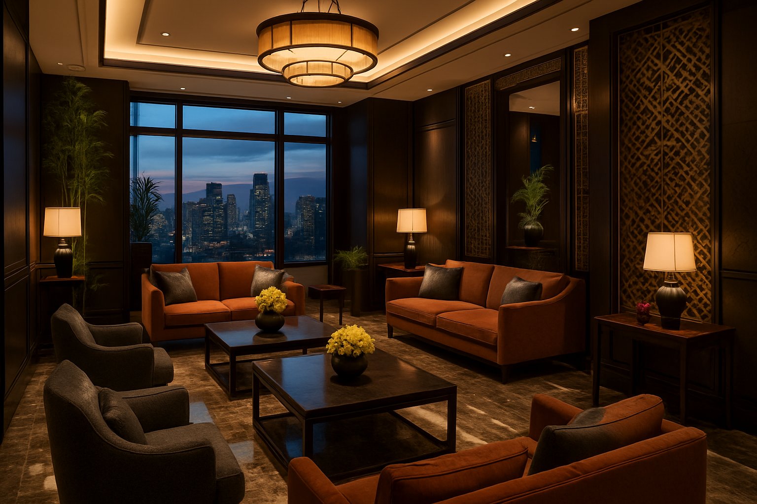 An elegant hotel lobby with marble floors, plush seating, decorative plants, and large windows showing a city skyline at dusk.