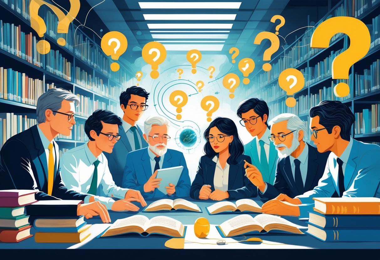 A group of thoughtful people examining strange symbols and artifacts in a library setting, showing curiosity and contemplation.