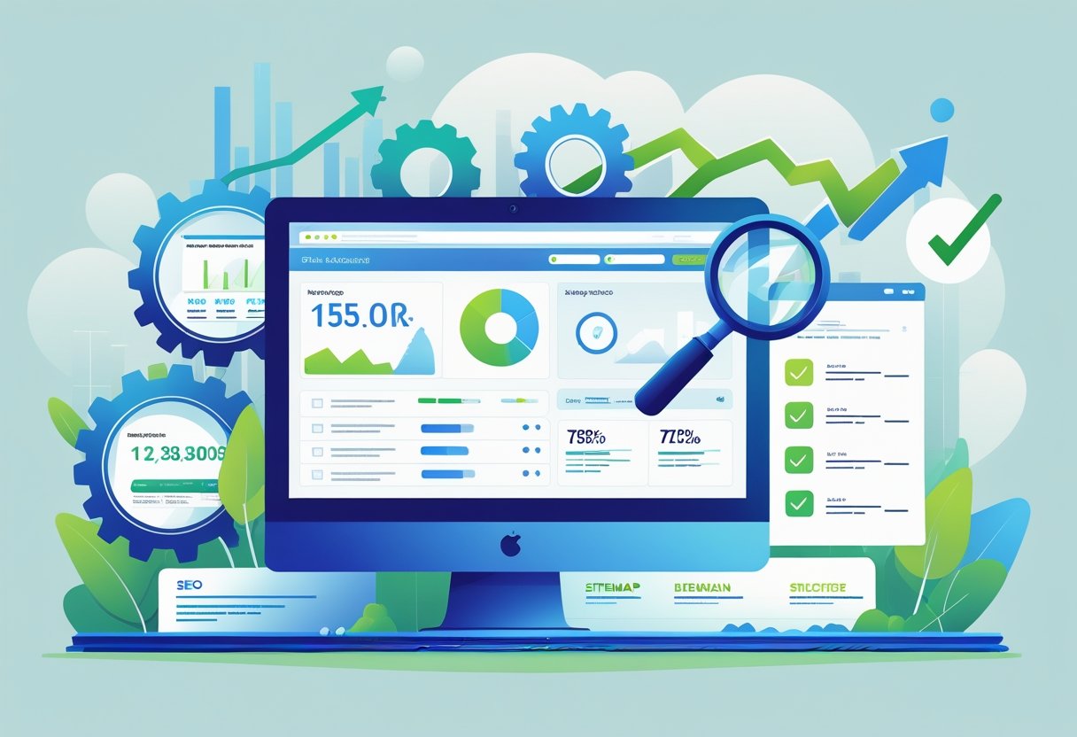 A computer monitor showing a website dashboard with SEO metrics, surrounded by icons representing keywords, technical settings, checklists, and website structure.