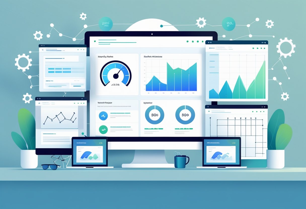 A workspace with multiple screens showing website analytics, code, performance graphs, and SEO-related icons representing technical SEO and website performance.