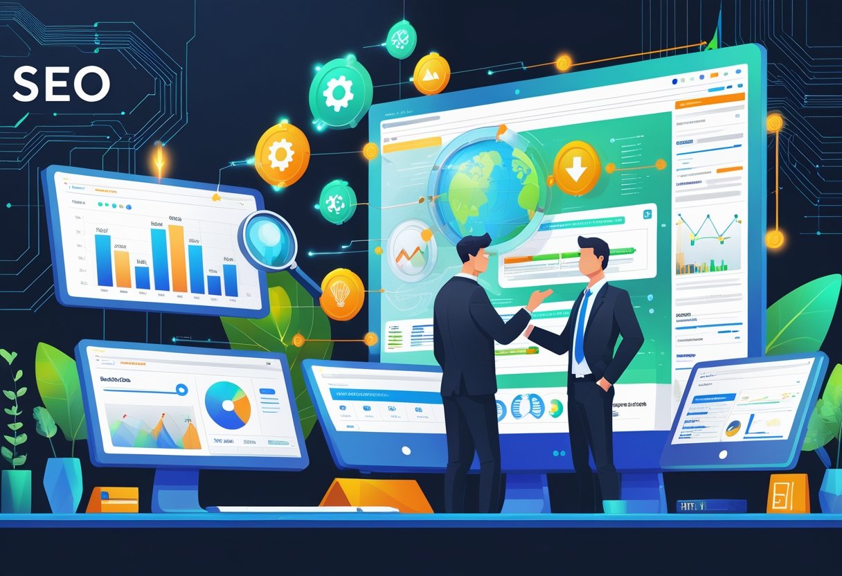 A professional working at a desk with multiple screens showing SEO analytics, graphs, and website data, surrounded by icons representing search optimization and digital connections.