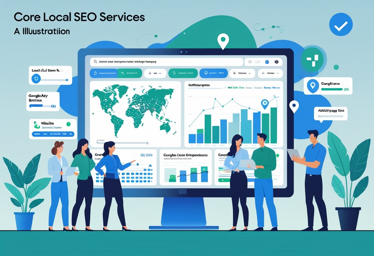 A team of professionals working together in an office, analyzing a digital map with location pins and graphs representing local SEO strategies.
