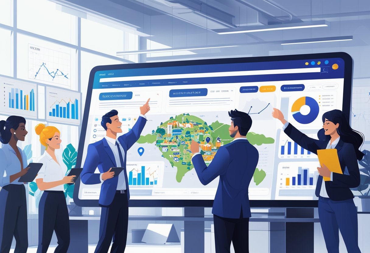 A team of marketing professionals working together around a digital table showing local SEO strategy and data charts in a modern office.