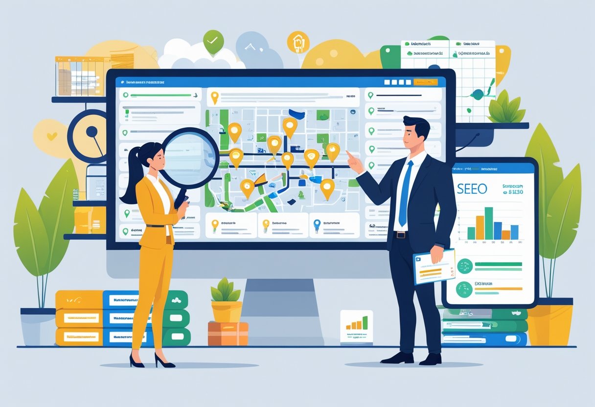 A business professional and a digital marketing expert discussing a local SEO strategy in a modern office with a computer screen showing maps and analytics.