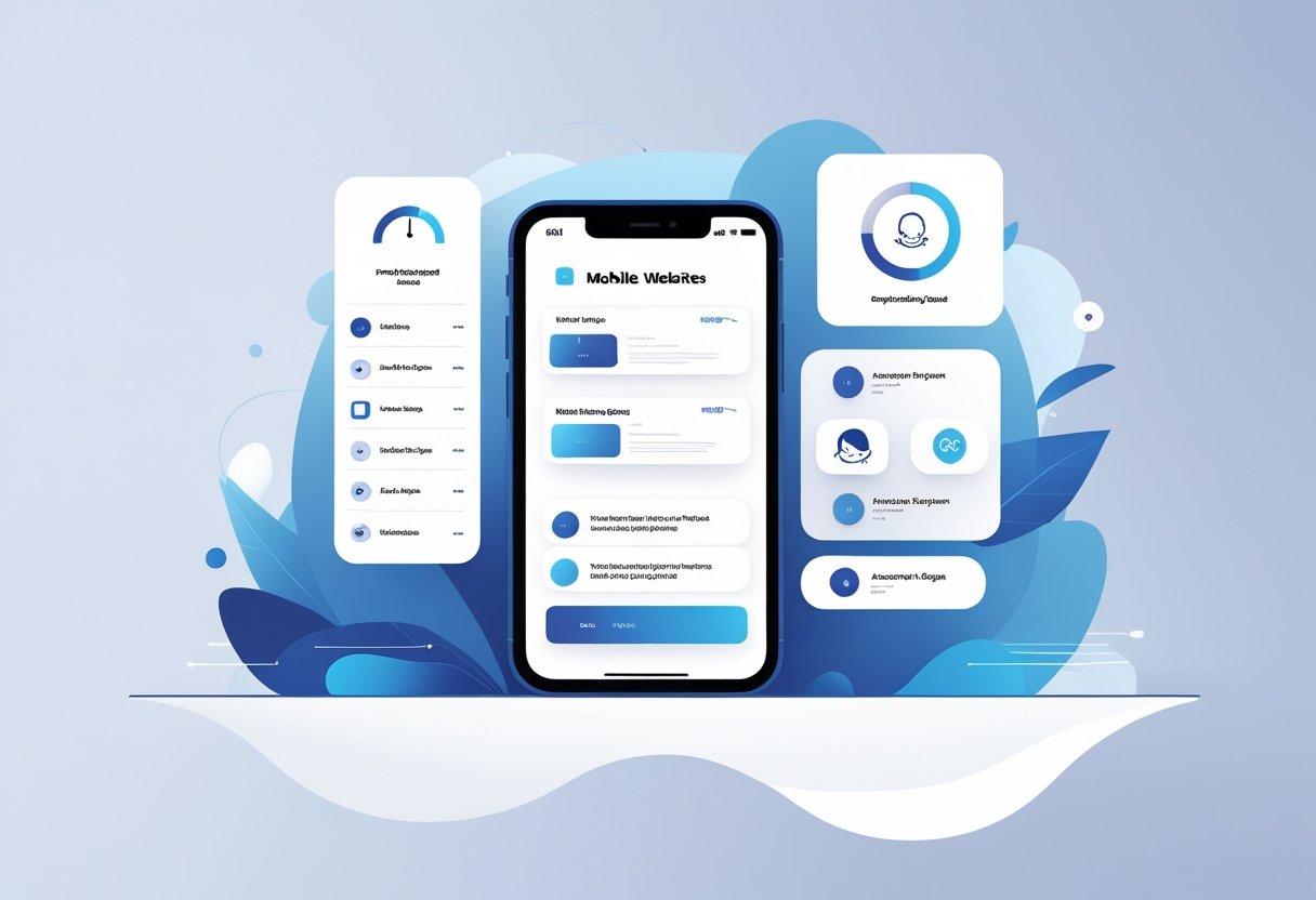A smartphone displaying a well-organized mobile website surrounded by icons representing fast loading, user experience, mobile-friendly design, and accessibility.