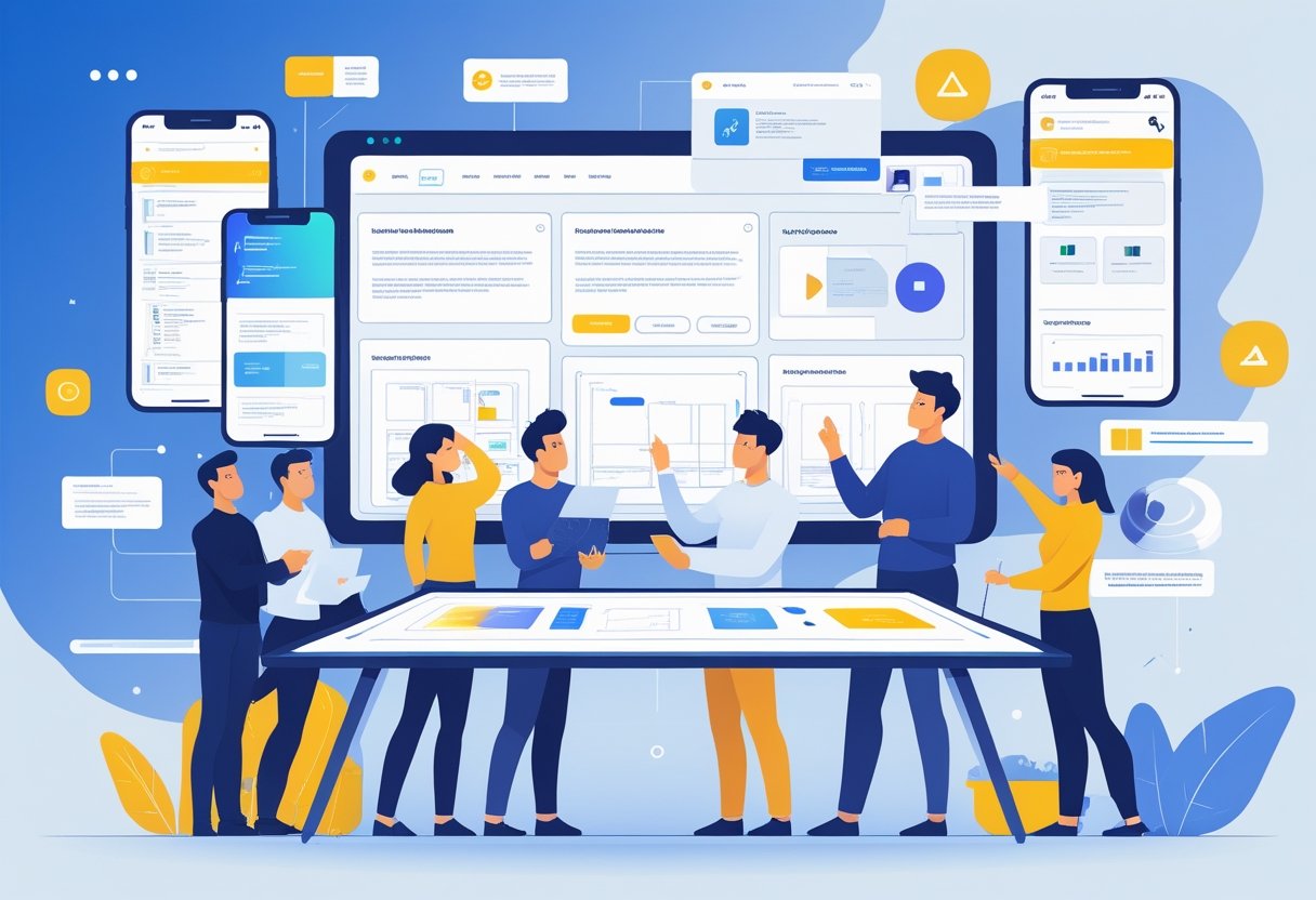 A group of people working together around a digital table with mobile devices displaying website designs.