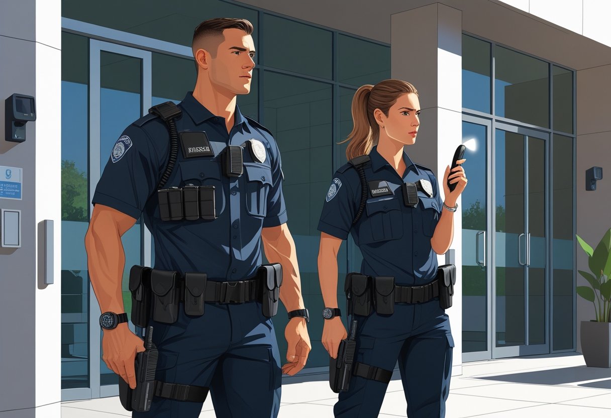 Two armed security guards in tactical uniforms standing alert outside a corporate building.