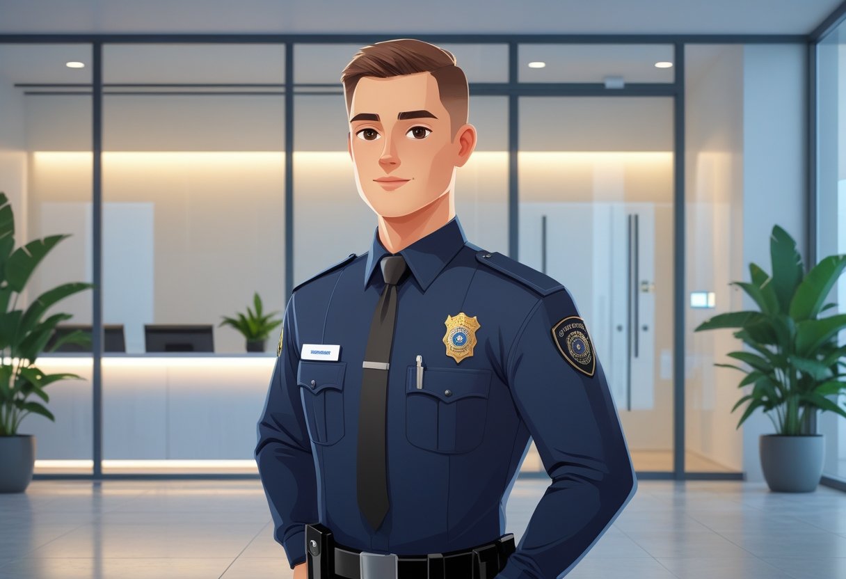 An unarmed security officer standing in an office lobby wearing a dark blue uniform with a badge.