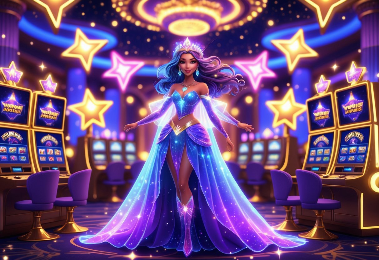 Seorang putri bercahaya berdiri di tengah kasino mewah dengan mesin slot dan simbol jackpot yang berkilauan di sekitarnya.