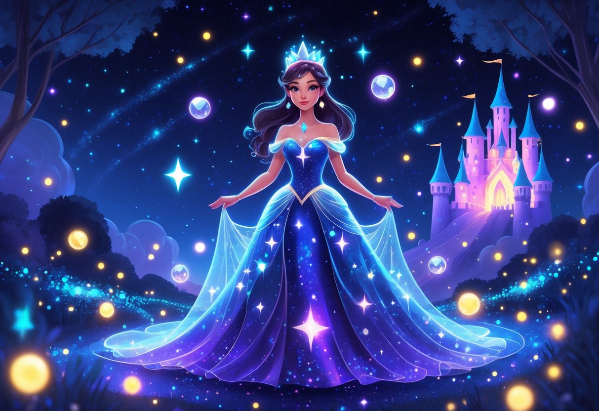 Seorang putri berdiri di tengah lanskap fantasi bercahaya dengan langit malam penuh bintang dan kastil bercahaya di latar belakang.