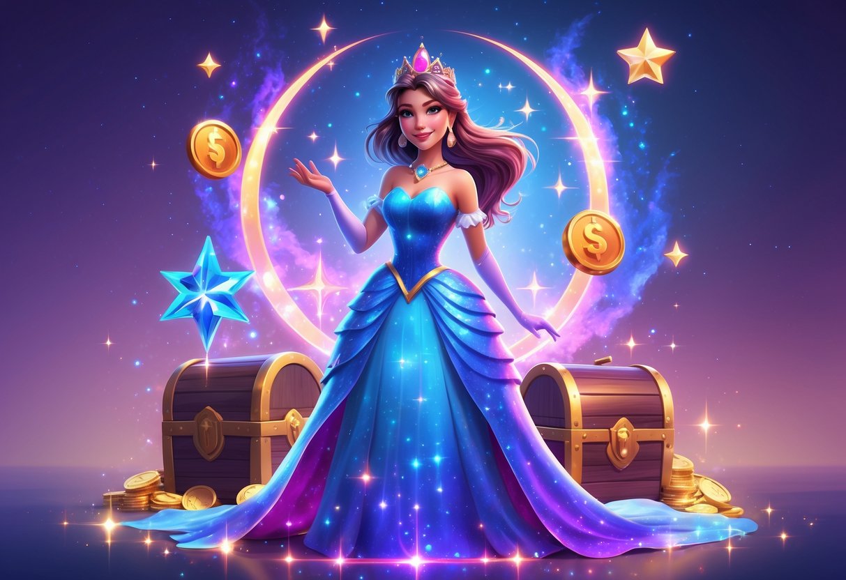 Seorang putri bercahaya berdiri di tengah dengan bintang dan permata berkilau di sekitarnya, dikelilingi oleh koin emas dan peti harta karun dalam latar langit malam yang penuh warna.