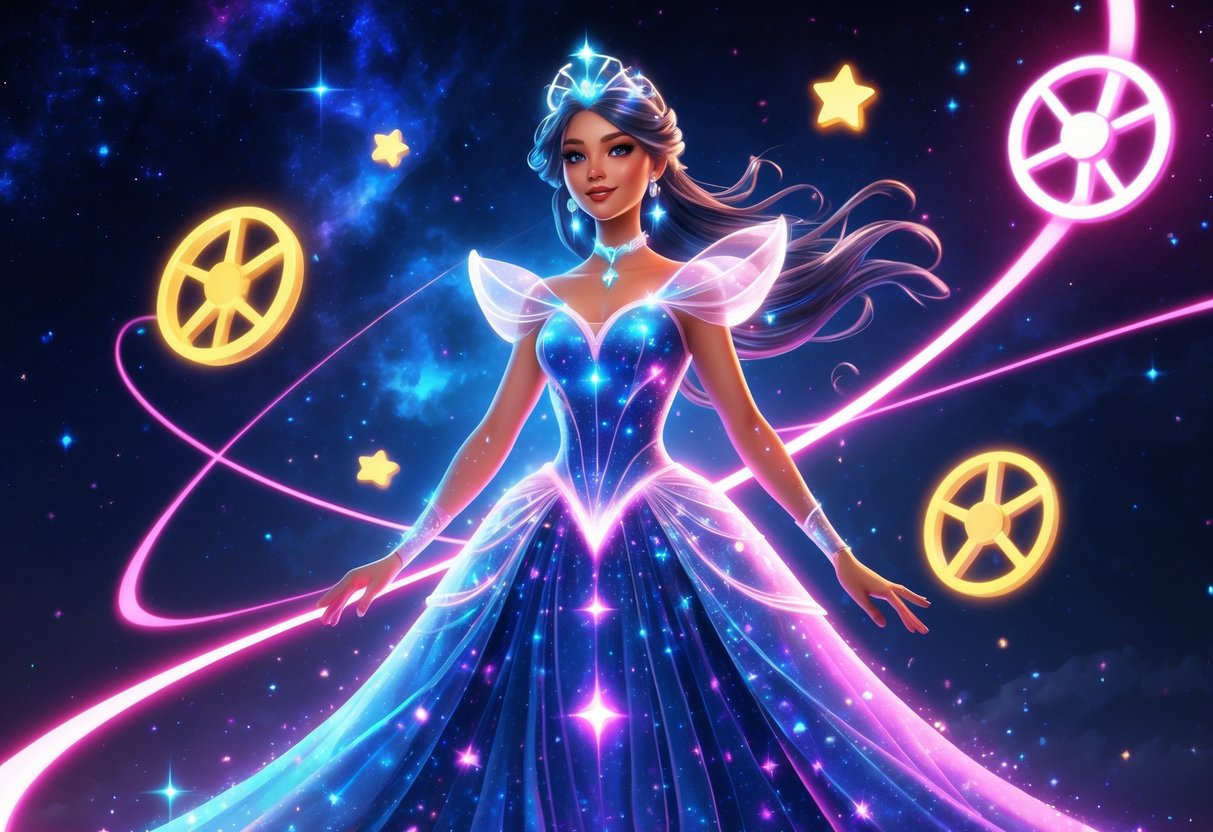 Seorang putri bersinar berdiri di tengah dengan gaun berkilau dan mahkota bulan sabit, dikelilingi oleh roda putar bercahaya dan simbol scatter yang melayang di langit malam bertabur bintang.