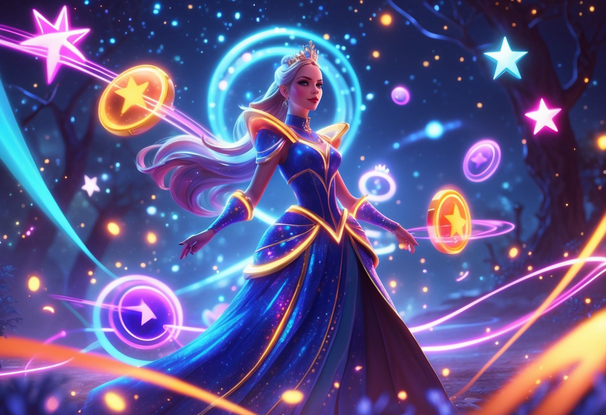 Seorang putri bercahaya berdiri di tengah latar belakang bertabur bintang dengan simbol berputar dan berkilau di sekitarnya.
