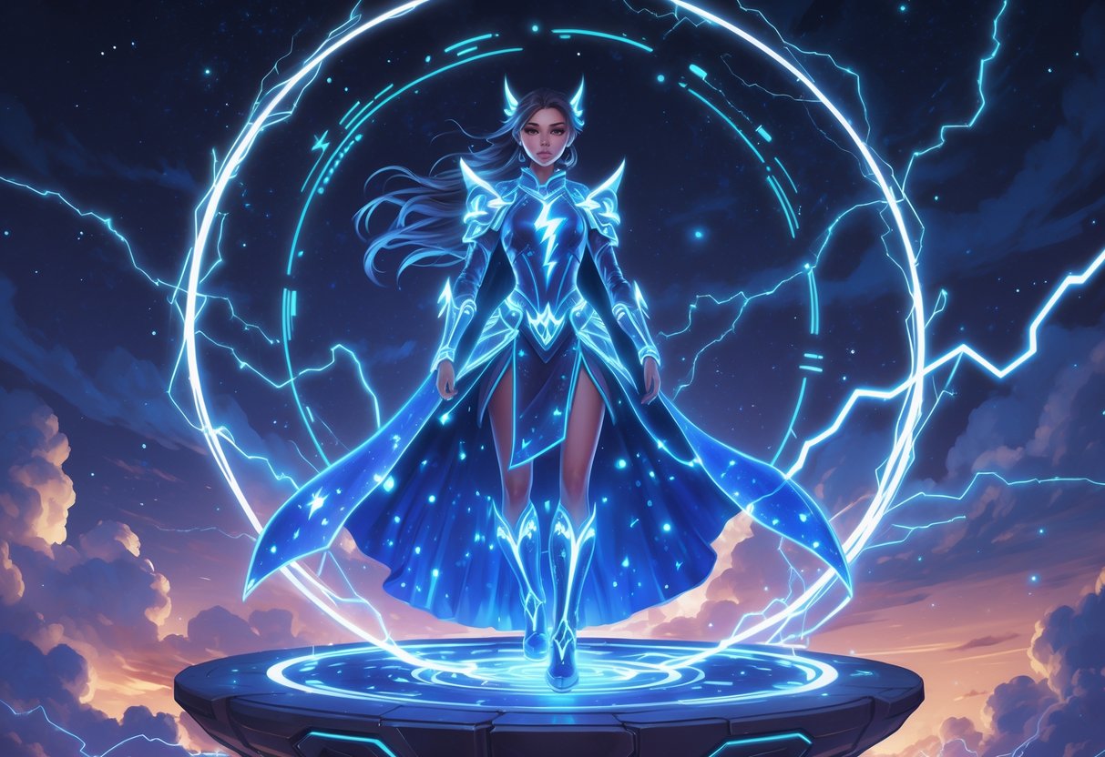 Seorang putri bercahaya berdiri dengan percaya diri dikelilingi oleh energi petir dan pola cahaya di langit malam berbintang.