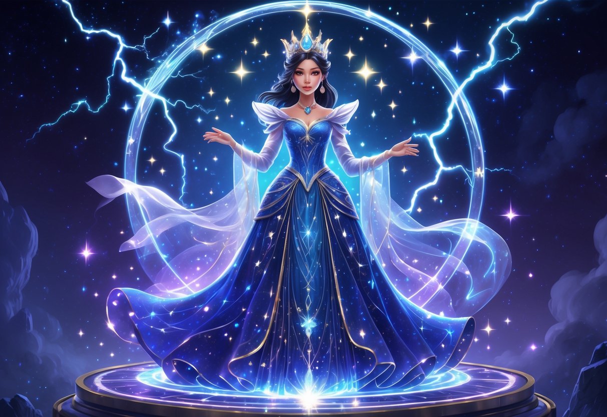 Seorang putri bercahaya berdiri di atas platform bercahaya dengan latar belakang langit malam berbintang dan petir yang berkilauan, dikelilingi pola dan simbol misterius yang memancarkan kekuatan magis.