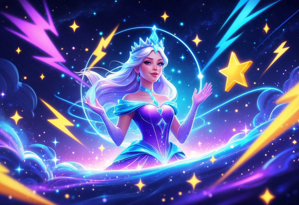 Seorang putri bercahaya dikelilingi bintang dan petir di langit malam yang penuh keajaiban.