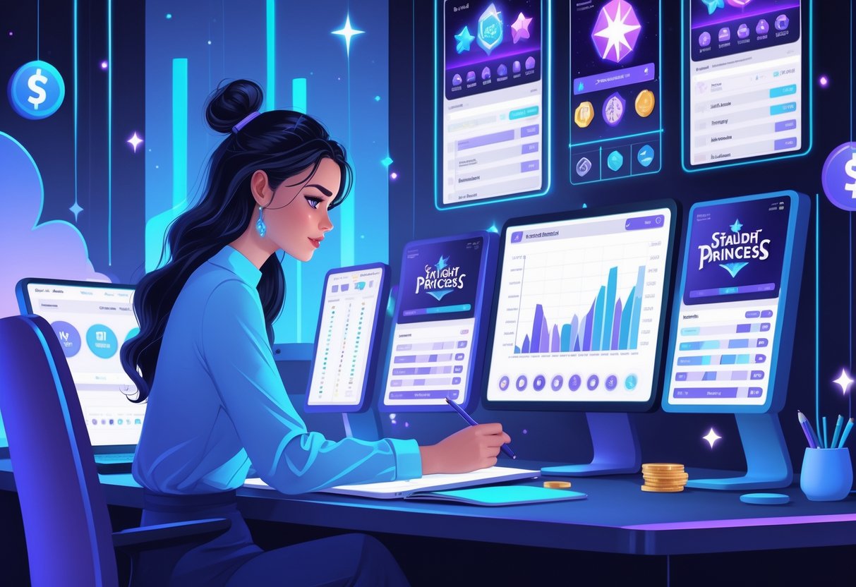 Seorang wanita sedang duduk di meja dengan beberapa layar digital yang menampilkan grafik dan simbol permainan Starlight Princess, tampak fokus menganalisis data untuk mengatur modal dan pola bermain agar stabil.