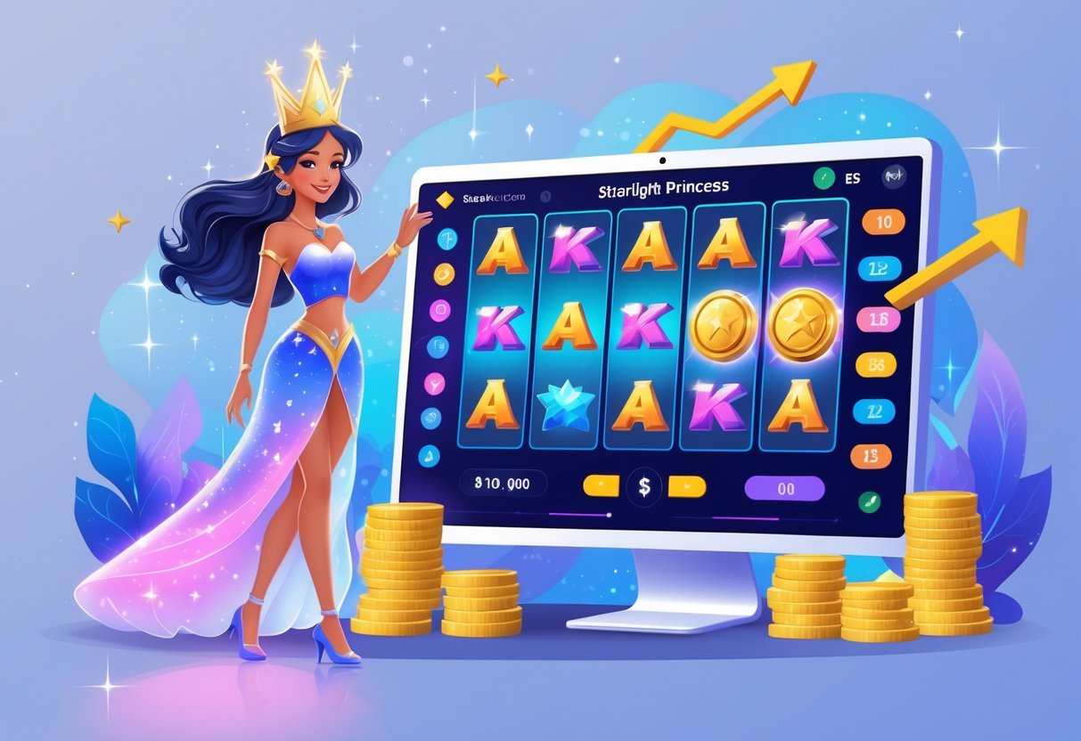 Seorang putri berdiri di samping layar permainan Starlight Princess dengan tumpukan koin dan grafik strategi di sekitarnya.