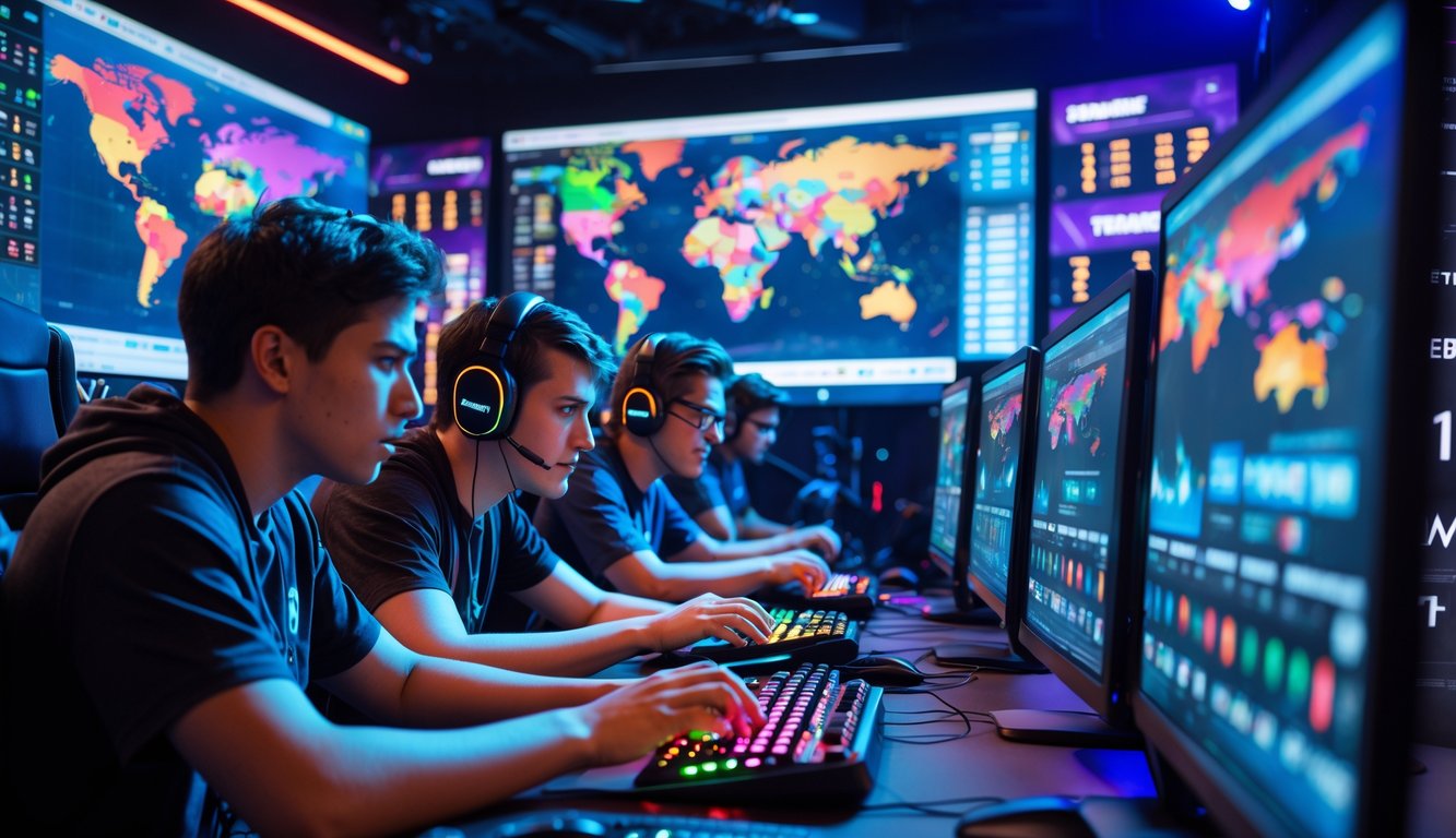 Beberapa orang muda sedang bermain game e-sports secara online dengan komputer dan layar besar, menampilkan suasana turnamen global dan taruhan lengkap.