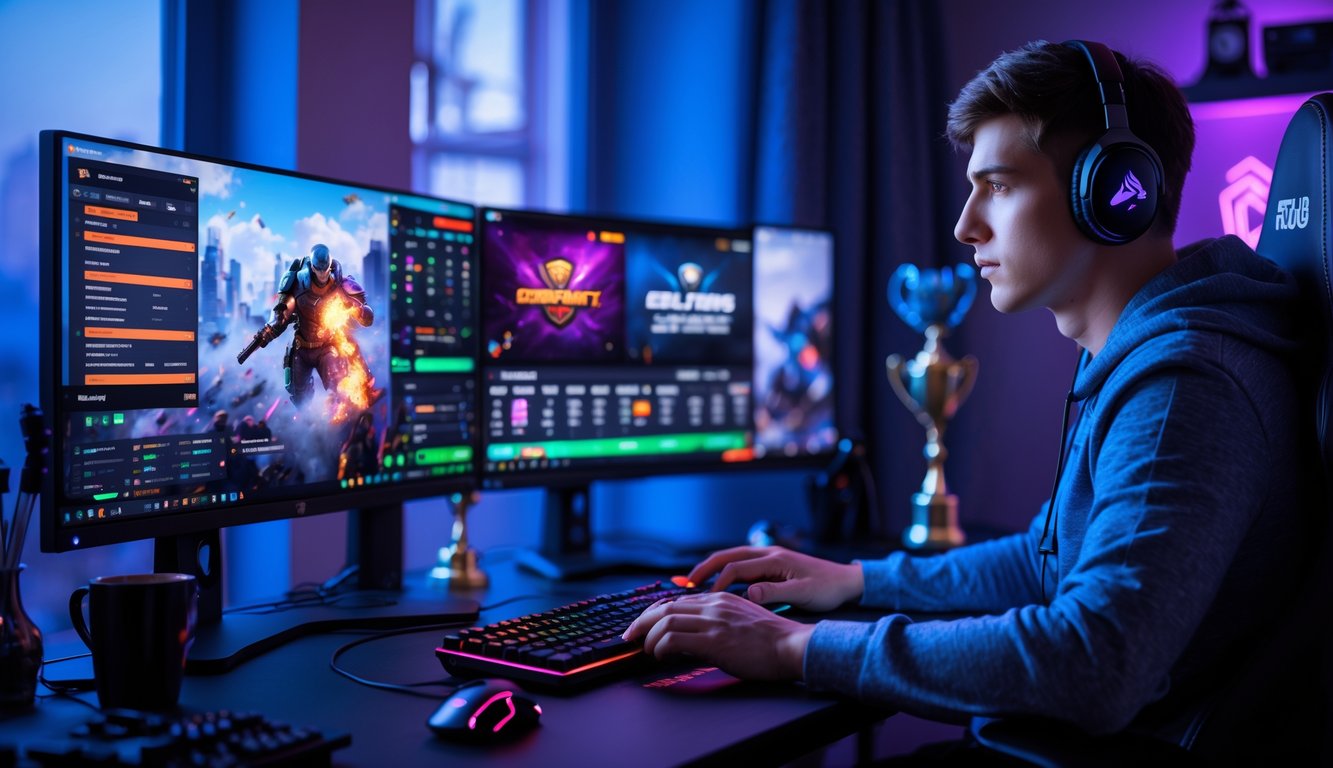 Seorang pria muda duduk di depan beberapa monitor dengan tampilan permainan e-sports dan peluang taruhan, di ruang dengan pencahayaan LED biru dan ungu, fokus menganalisis layar sambil menggunakan perangkat gaming.