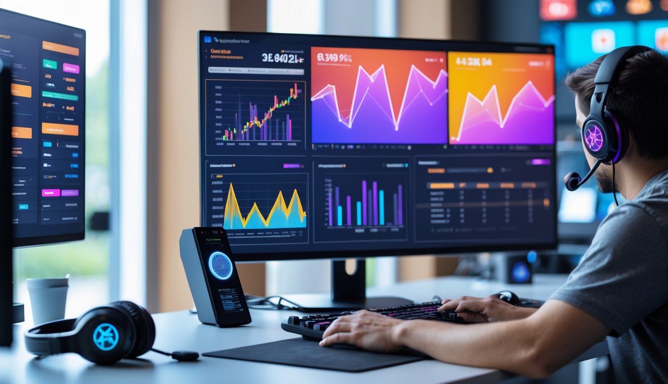 Seorang pria sedang menganalisis grafik dan data statistik e-sports di depan komputer di ruang kerja modern.